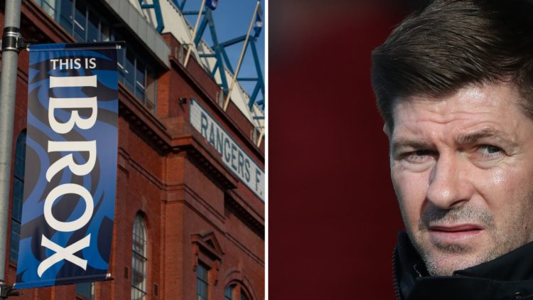 Split image of Ibrox (L) and Steven Gerrard (R).