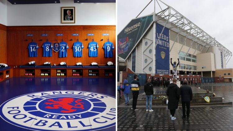 Split image of Ibrox dressing room (L) and Elland Road (R).