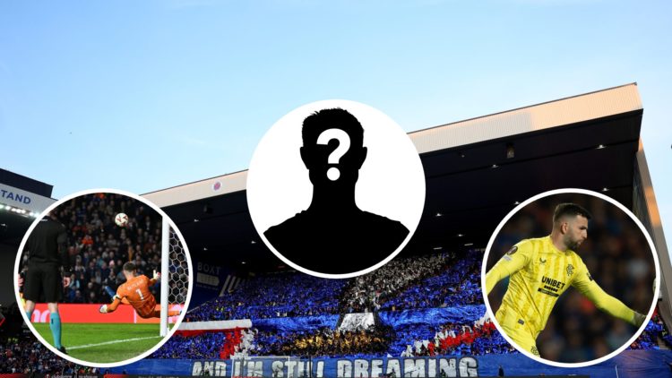 Image of Copland Road stand Ibrox with three insets of (L) Jack Butland, (C) mystery player and (R) Liam Kelly.