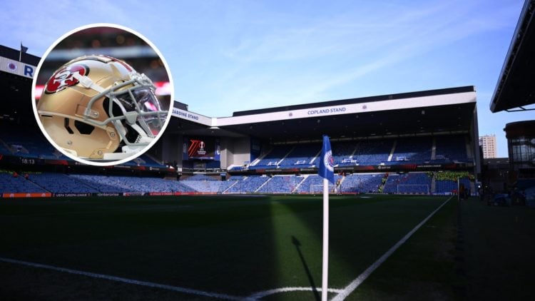 Image of Ibrox stadium with inset (L) of San Francisco 49ers helmet.