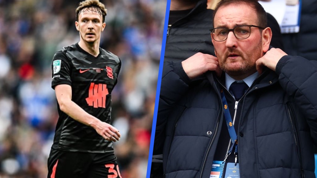 Split image of Kieran Dowell playing for Birmingham City (left) and Everton sporting director Kevin Thelwell in a crowd (right)