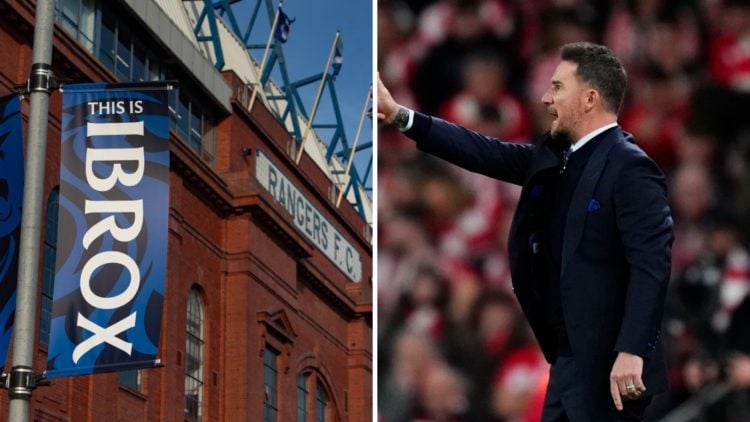 Split image of Barry Ferguson (R) and Ibrox stadium (L)