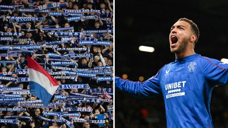 Split image of Rangers fans (L) and Cyriel Dessers (R)