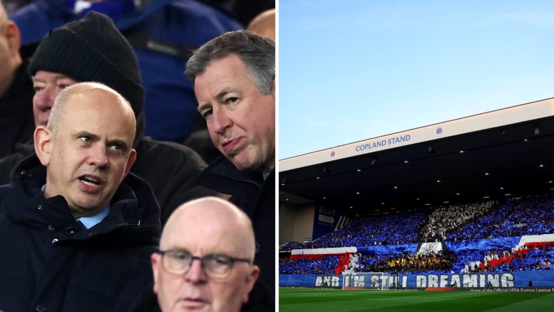 Split image of Patrick Stewart (L) and Ibrox (R).