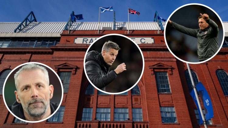 Image of Ibrox with inset of Marco Rose (L), Kjetil Knutsen (C) and Ralph Hassenhuttl (R).