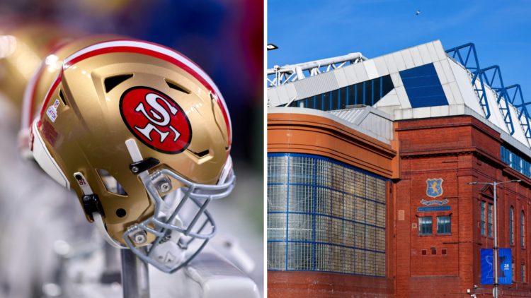 Split image of Ibrox stadium (R) and a San Francisco 49ers helmet (L).