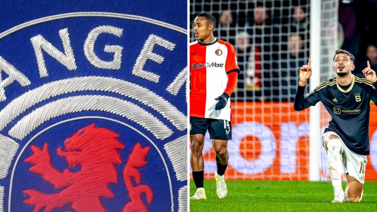 Split image of Rangers badge (L) and Albion Rrahamani (R).
