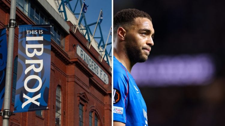 Split image of Ibrox (L) and Cyriel Dessers (R).