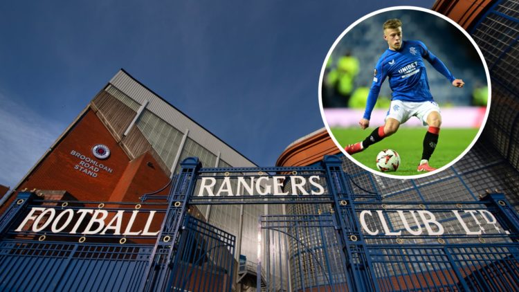 Image of Ibrox stadium with inset (R) of Connor Barron.