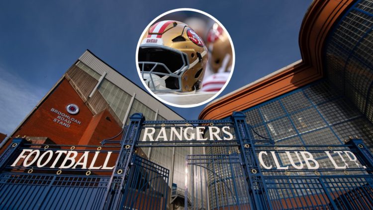 Image of Ibrox stadium with inset of San Francisco 49ers helmet (C).