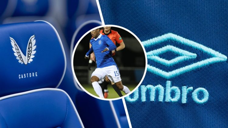 Split image of Castore (L) badge and Umbro (R) with inset (C) of Bongani Zungu in 2020.