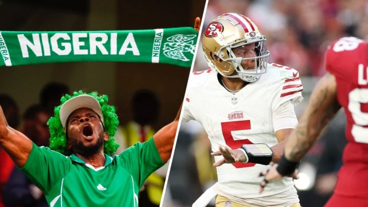 Split image of Nigeria fan (left) and San Francisco 49ers player (right).