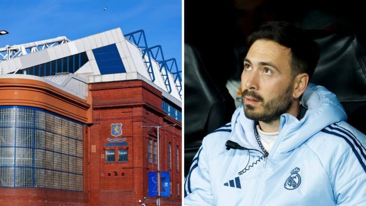 Split image of Carlo Ancelotti (L) and Ibrox (R).