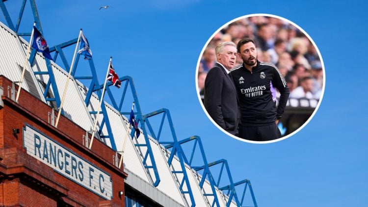 Image of Ibrox with inset of Davide Ancelotti (R).