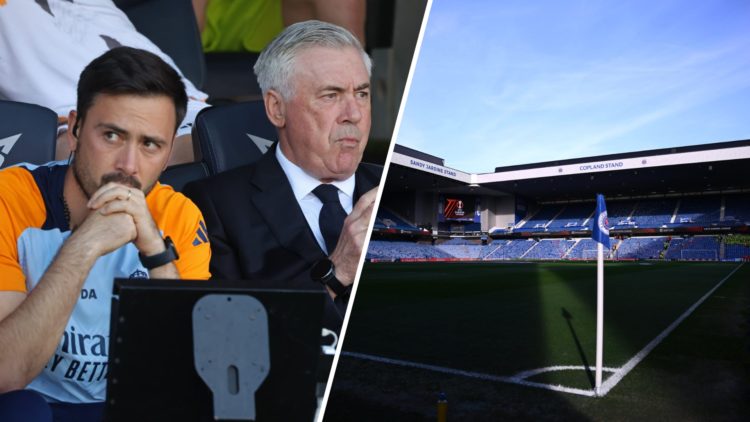 Split image of Davide Ancelotti (L) and Ibrox (R).