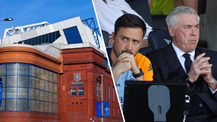 Split image of Davide Ancelotti (R) and Ibrox (L).