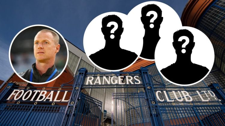 Image of Ibrox with inset of Craig Moore (L) and three mystery players (R).