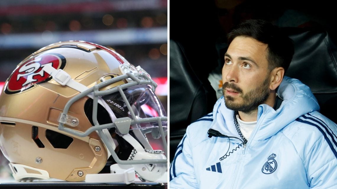 Split image of San Francisco 49ers helmet (L) and Davide Ancelotti (R).
