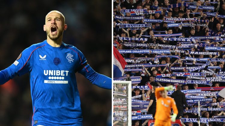 Split image of Vaclav Cerny (L) and Rangers fans (R).