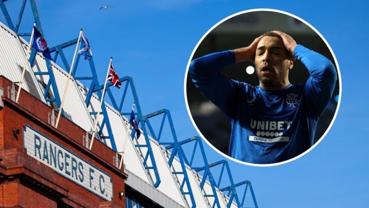 Image of Ibrox stadium with an inset of Cyriel Dessers (R).