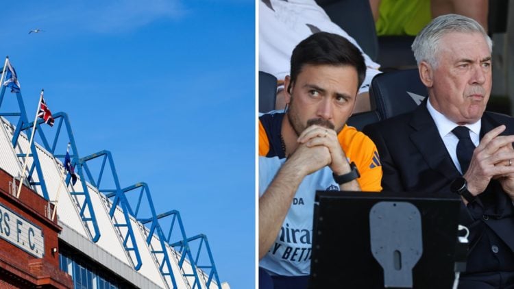 Split image of Ibrox (L) and Davide Ancelotti with Carlo Ancelotti (R).