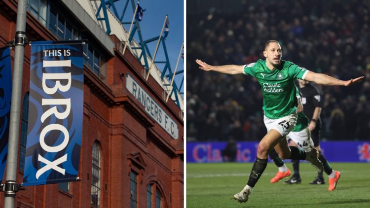 Split image of Nikola Katic (R) and Ibrox stadium (L)