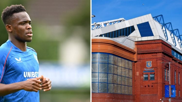 Split image of Rabbi Matondo (L) and Ibrox stadium (R).