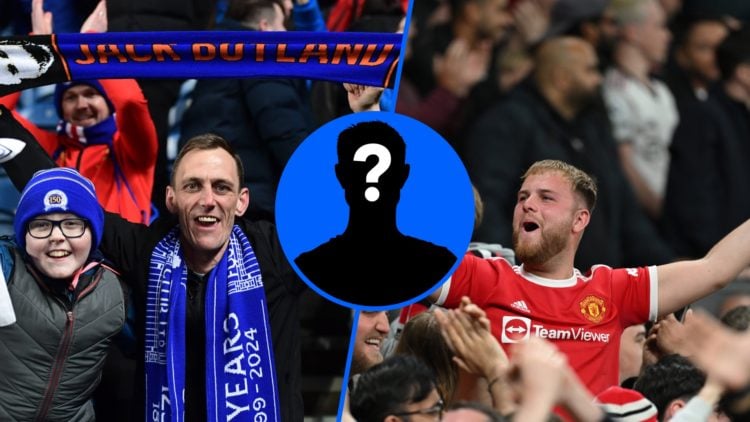 A Rangers fan celebrates in Ibrox alongside a young supporter hoisting a scarf above his head (left) and a Manchester United fan celebrates in Old ...