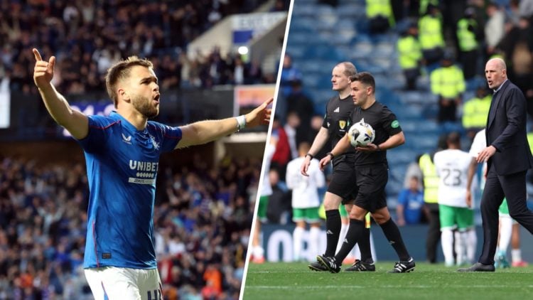 Split image of Nicolas Raskin celebrating a goal v Dundee United (left) and referee Nick Walsh walking off the pitch at Ibrox (right).