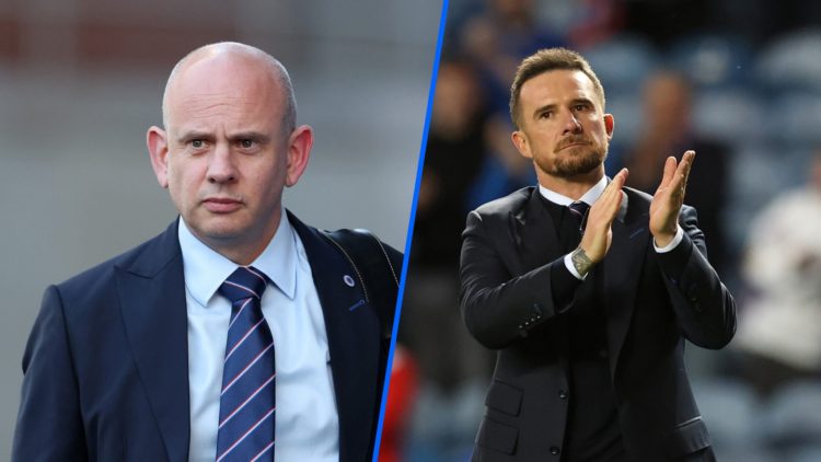 Split image of Rangers CEO Patrick Stewart at Tannadice (left) and Barry Ferguson applauding the fans at Ibrox (right).