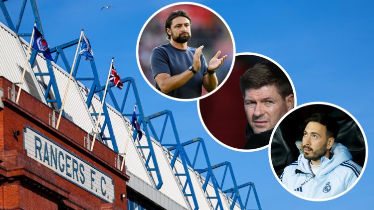 Image of Ibrox stadium with three insets of Russell Martin, Steven Gerrard and Davide Ancelotti.