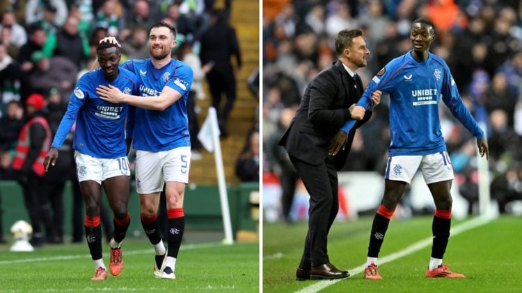 Split image of Mohamed Diomande celebrating scoring against Celtic (L) and Barry Ferguson with Diomande (R).