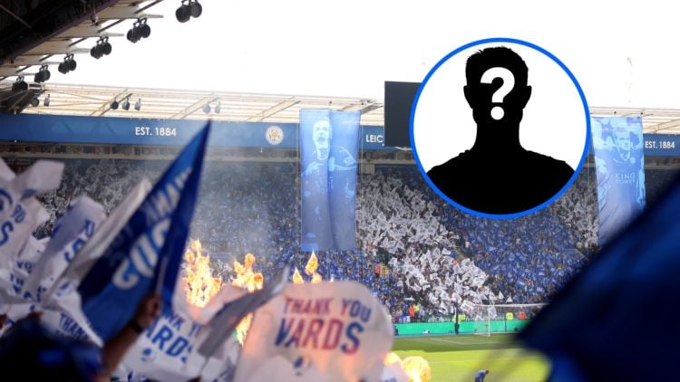 Leicester City fans wave Jamie Vardy flags inside the King Power Stadium with a mystery player inset.