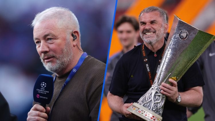 Split image of Ally McCoist holding a microphone (left) and Ange Postecoglou lifting the Europa League trophy (right)