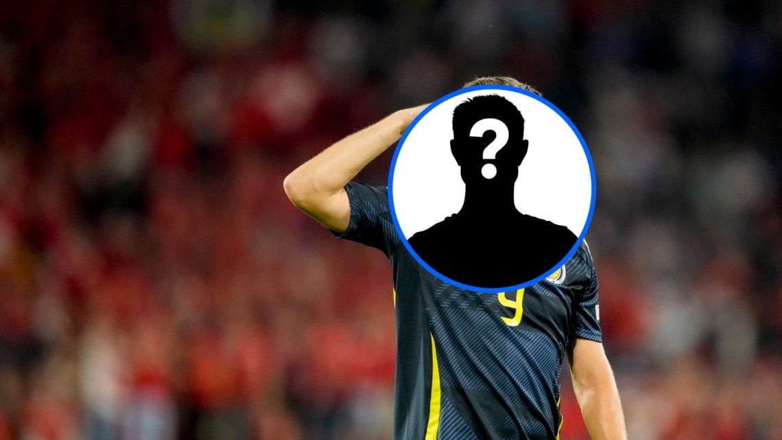 Obscured image of Lawrence Shankland playing for Scotland.