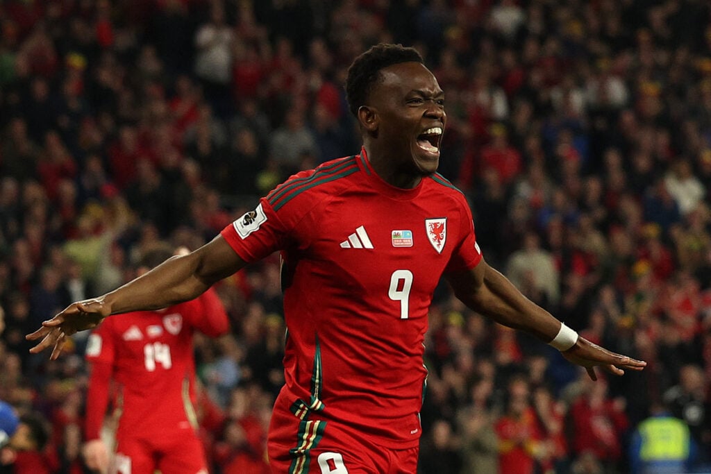 Rabbi Matondo celebrates a goal for Wales.