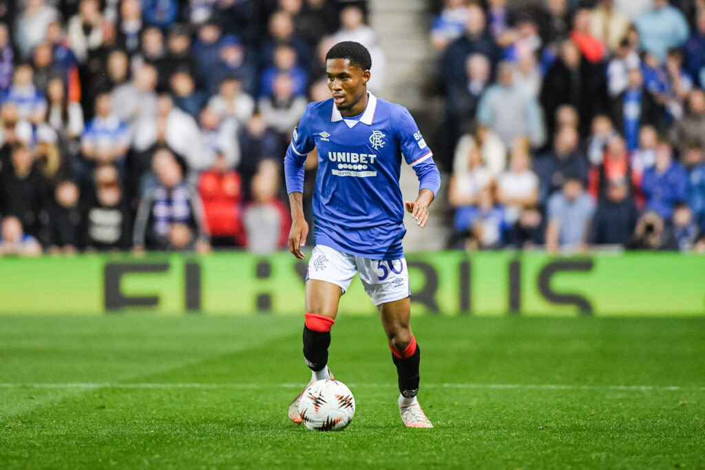 Jayden Meghoma in action for Rangers.