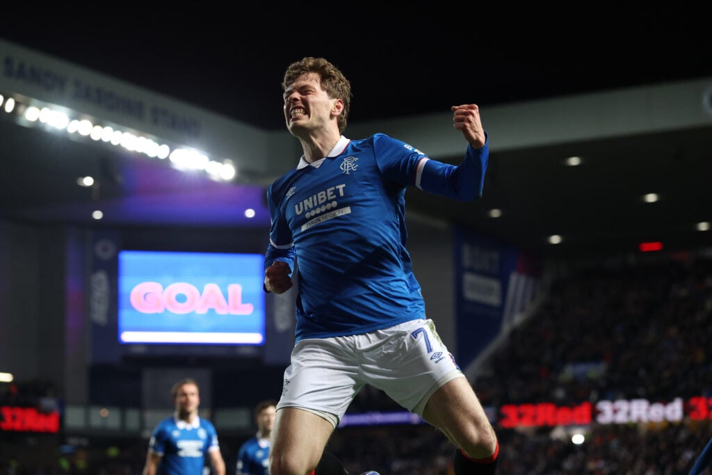 Andreas Skov Olsen celebrates a goal.