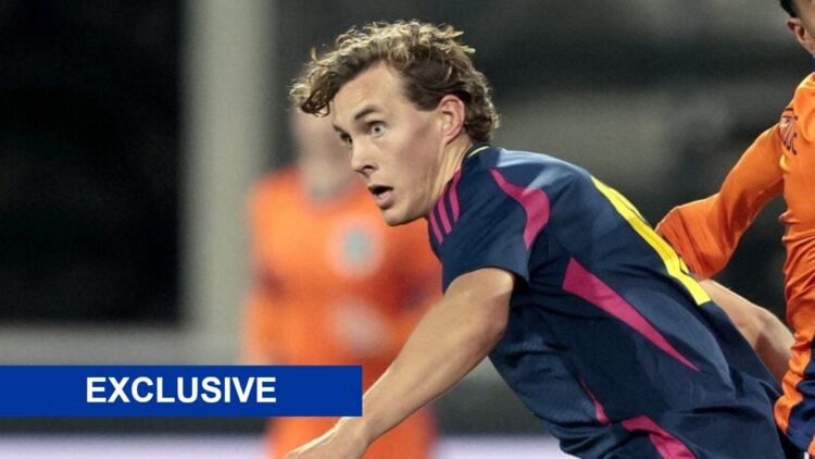 Sweden Under-21s international Hampus Skoglund competes for a ball against Netherlands Under-21s.