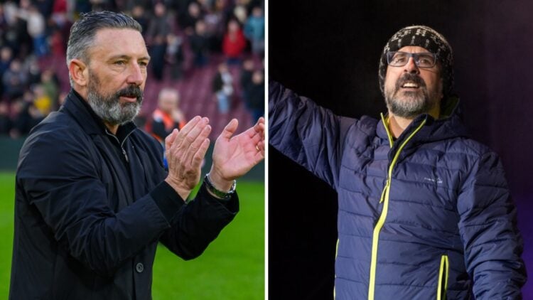 Hearts manager Derek McInnes (left), STV host Ewen Cameron (right)
