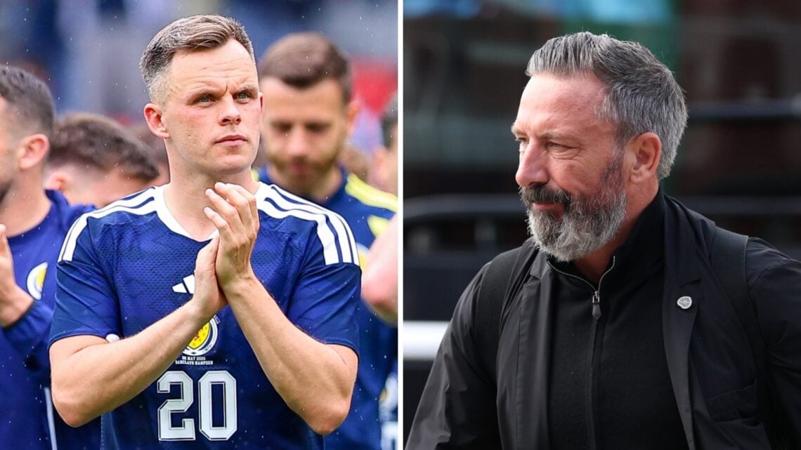 Lawrence Shankland and Derek McInnes in a split image.
